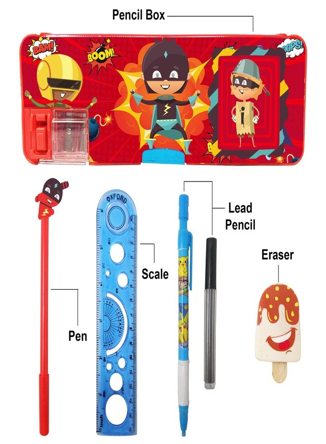 Sidak Stationery Pencil Box Combo of 5 Items - 1 Pencil Box with Calculator,1 Cartoon Pen, 1 Lead Pencil with Extra Refill, 1 Eraser and 1 Scale for Kids. (Red) - Image 2